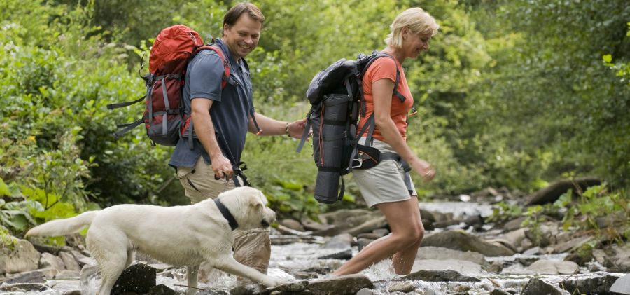 Paar mit Hund durchquert Fluss